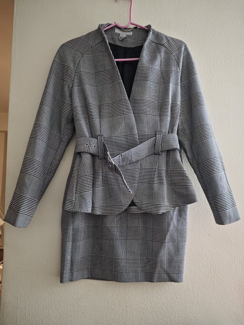 H&M Set Houndsooth Belted Blazer + Zippered Skirt Sz 6 Gray Nwot